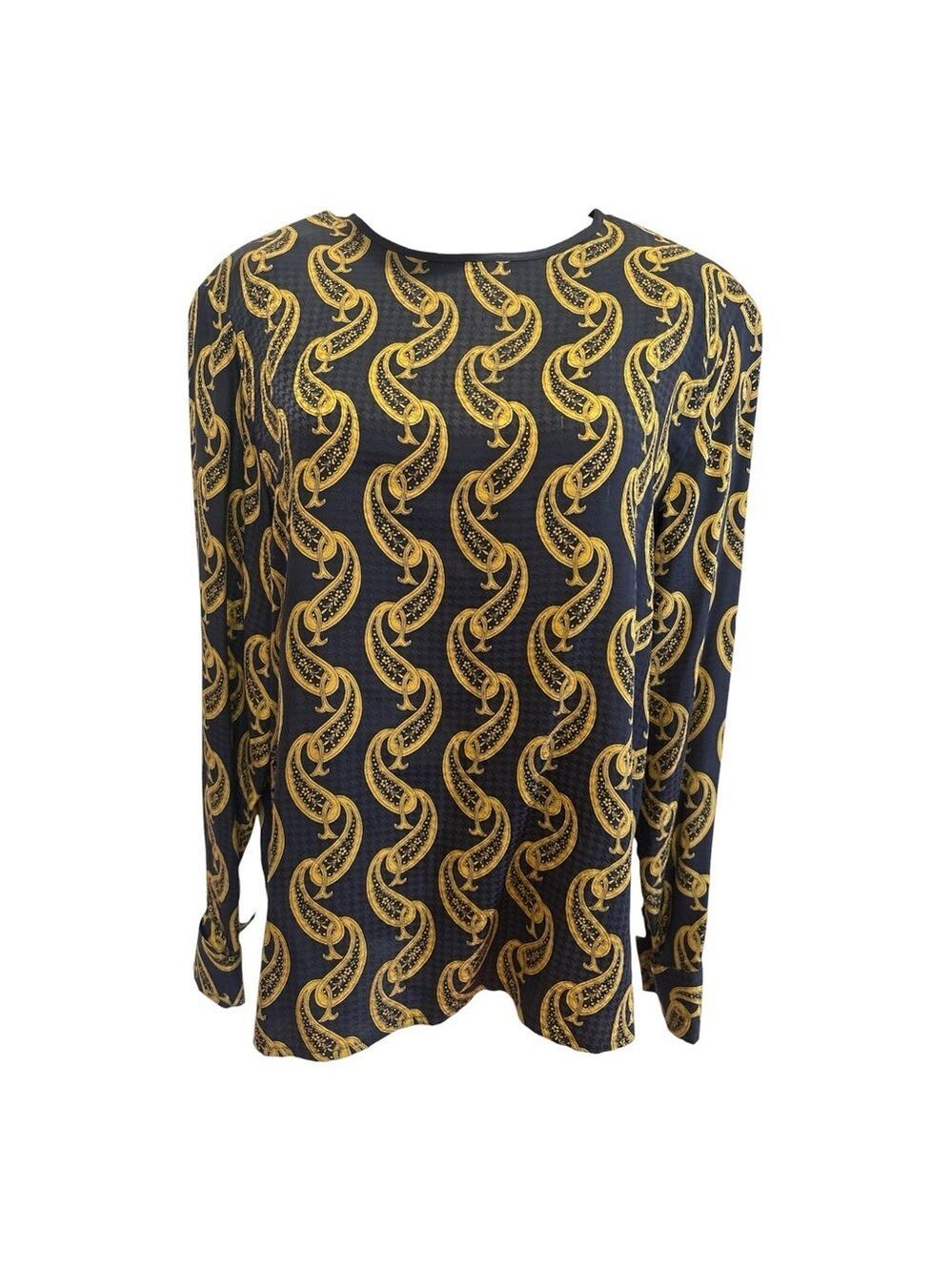 80S VALERIE STEVENS SILK NAVY & GOLD PAISLEY PRINT LONG SLEEVE COLLARLESS BLOUSE - Picture 3 of 6